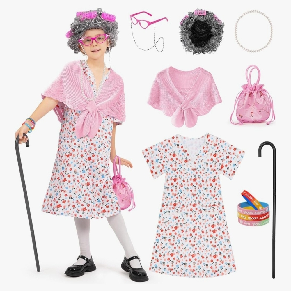 Kids Pink Floral Granny Dress-Up Costume Set. Great For 100 Days At School